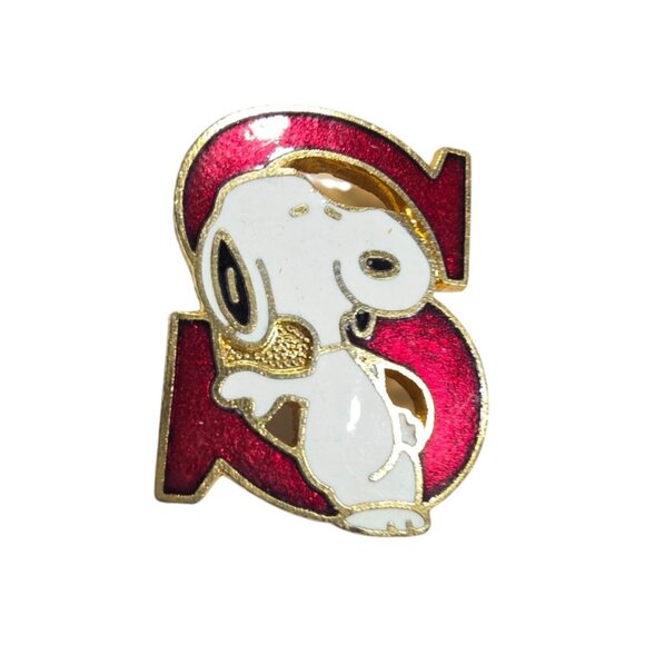 Snoopy pin Red Gold tone Enamel Letter "S" dog Peanuts Comics beagle gift - Picture 1 of 4